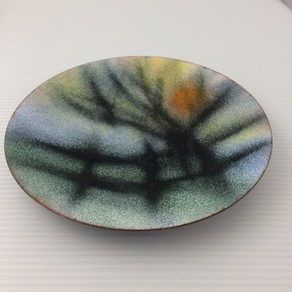 Vintage 1970 Enamel on Copper Handmade Signed Plate Dish Wall Art Landscape - Picture 5 of 10